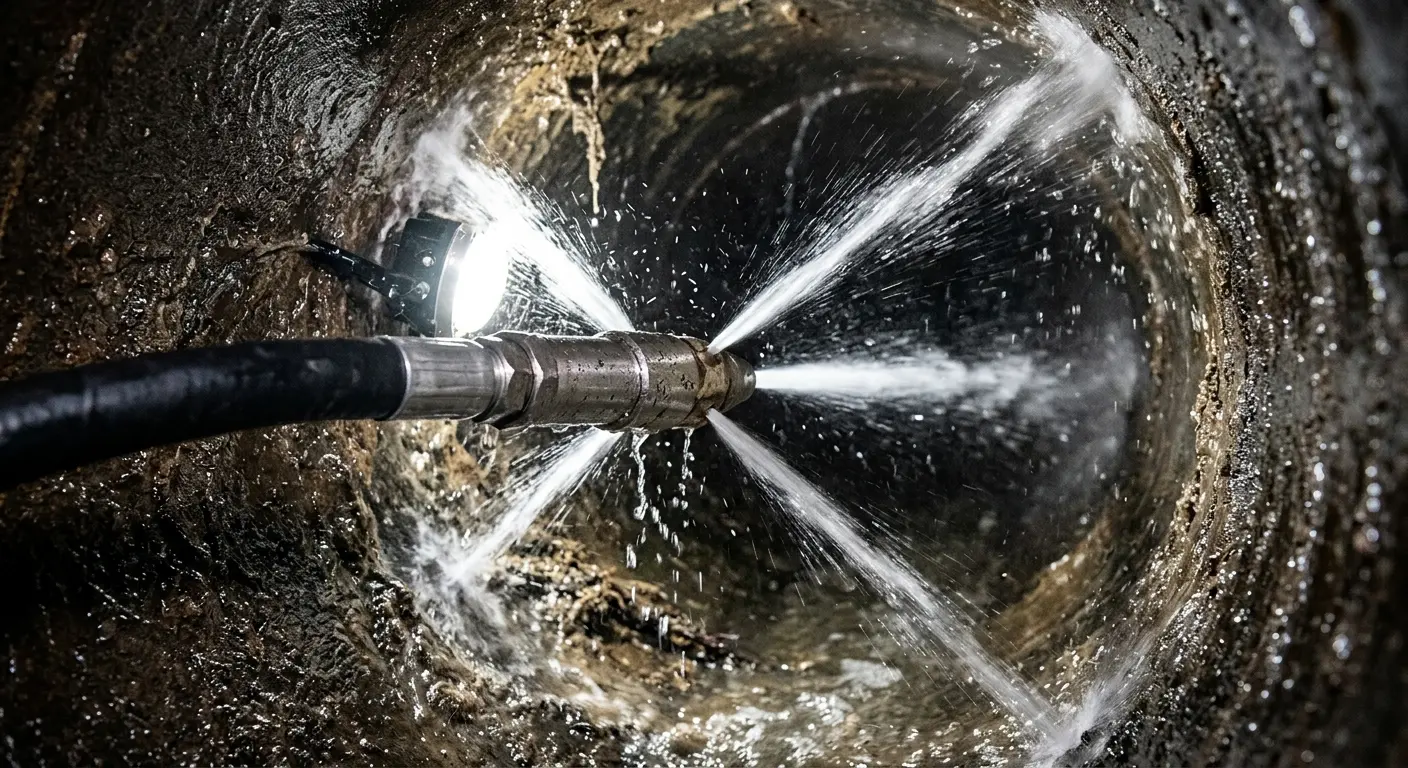High-pressure hydro jetting nozzle cleaning sewer pipe for Emergency Drain Service in Montville