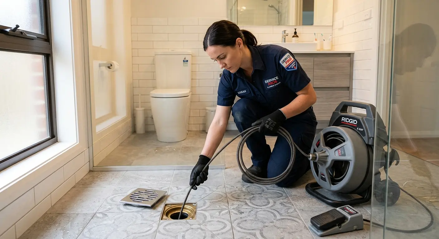Technician clearing a bathroom floor drain for Drain Cleaning in Montville